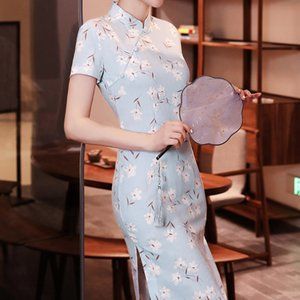 Elegant flower print Linen cheongsam
